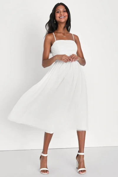 Lulus Darling Sweetheart White Swiss Dot Ruched Midi Dress