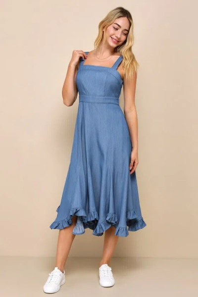Lulus Darling Time Blue Chambray Handkerchief Midi Dress With Pockets