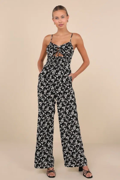 Lulus Darling Upgrade Black Floral Cutout Tie-back Wide-leg Jumpsuit