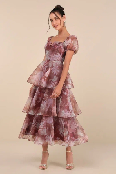 Lulus Darling Vision Rust Floral Organza Puff Sleeve Tiered Midi Dress In Red