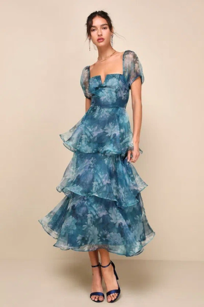 Lulus Darling Vision Teal Floral Organza Puff Sleeve Tiered Midi Dress