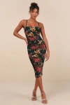 Lulus Date Night Beauty Dark Green Floral Print Mesh Ruched Midi Dress In Dark Green