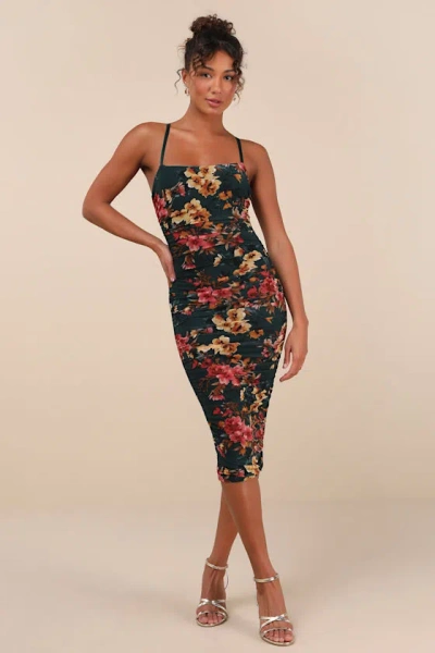 Lulus Date Night Beauty Dark Green Floral Print Mesh Ruched Midi Dress