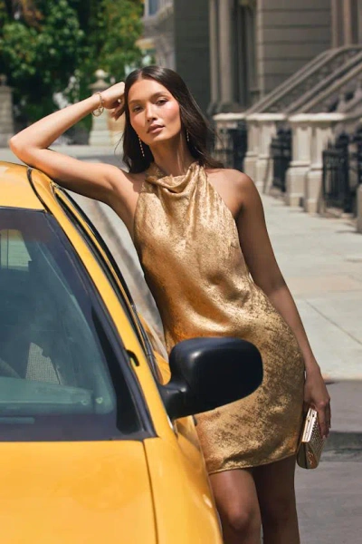 Lulus Dayna Gold Metallic Cowl Mini Dress In Brown