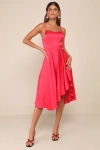 Lulus Days Like Today Magenta Satin Asymmetrical Tie-back Midi Dress In Magenta