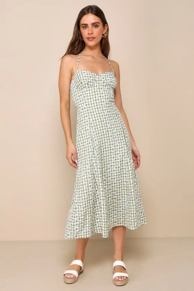 Lulus Daytime Sweetie Green Gingham Embroidered Halter Midi Dress