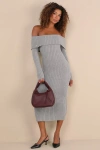 Lulus Dazzling Comfort Grey Rhinestone Off-the-shoulder Sweater Dress In Grey