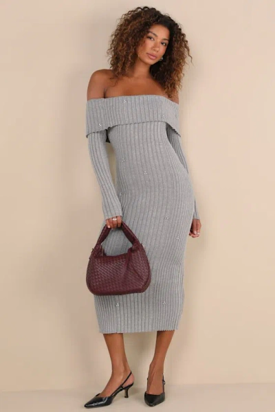 Lulus Dazzling Comfort Grey Rhinestone Off-the-shoulder Sweater Dress