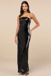 Lulus Dazzling Extravagance Black Sequin Strapless Bustier Maxi Dress In Black