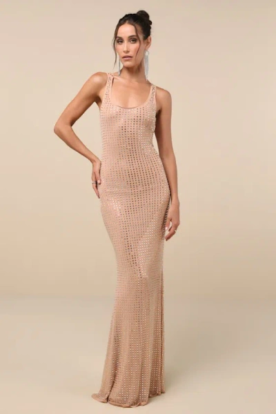 Lulus Dazzling Finesse Tan Mesh Rhinestone Cowl Back Maxi Dress