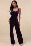 Lulus Dazzling Luxury Dark Purple Velvet Rhinestone Notched Jumpsuit In Purple