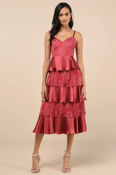 Lulus Deanna Rusty Rose Lace Satin Tiered Midi Dress In Pink