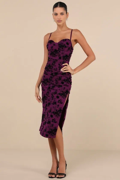 Lulus Decadent Flirt Purple Mesh Velvet Ruched Bodycon Midi Dress