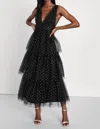 Lulus Decadent Impression Black Tulle Tiered Shiny Dot Midi Dress In Black