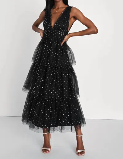 Lulus Decadent Impression Black Tulle Tiered Shiny Dot Midi Dress