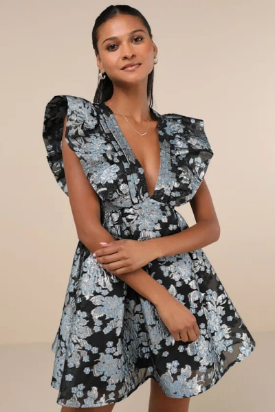 Lulus Decadent Presence Black Jacquard Babydoll Mini Dress