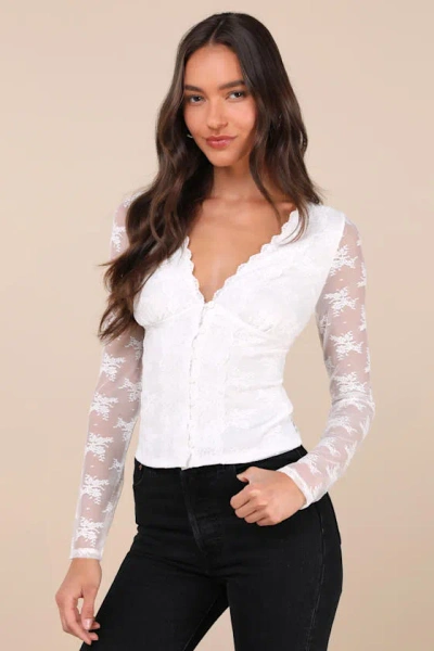 Lulus Decadently Sweet White Lace Sheer Back Long Sleeve Top