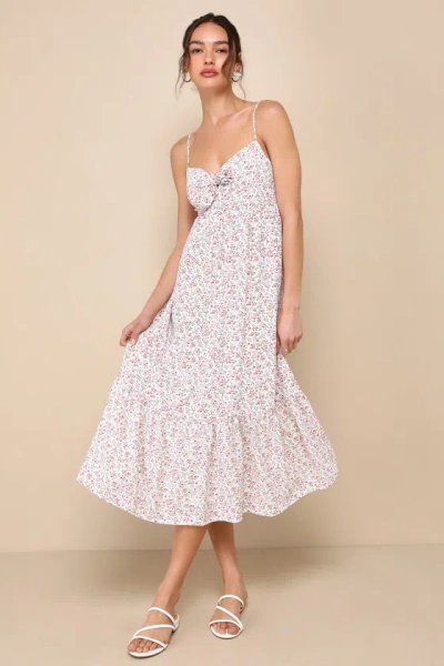 Lulus Decidedly Adorable Ivory Floral Tie-front Tiered Midi Dress