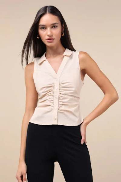 Lulus Decidedly Poised Beige Ruched Sleeveless Collared Button-up Top