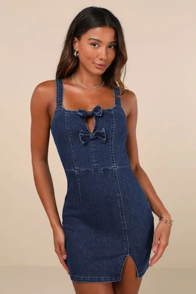 Lulus Decidedly Precious Dark Wash Chambray Bow Mini Dress In Blue