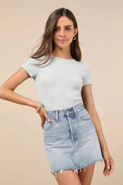 Lulus Decidedly Stylish Mint Textured Short Sleeve Backless Bodysuit In Green