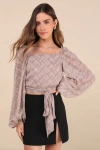 Lulus Dedicatedly Chic Taupe Printed Balloon Sleeve Wrap Top In Taupe