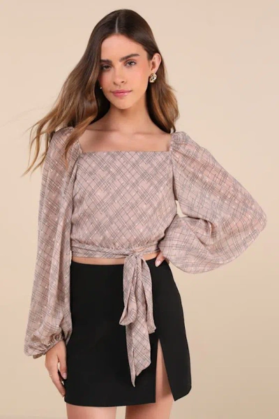 Lulus Dedicatedly Chic Taupe Printed Balloon Sleeve Wrap Top