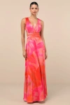 Lulus Dedra Pink And Orange Abstract Pleated Maxi Dress