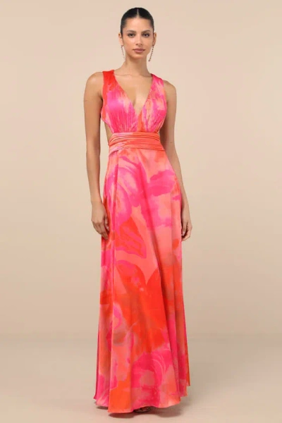 Lulus Dedra Pink And Orange Abstract Pleated Maxi Dress