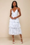 Lulus Deeply Delightful Light Blue Floral Tiered Lace-up Midi Dress In Light Blue