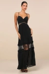 Lulus Deeply Stunning Black Lace Pleated Lace-up Backless Maxi Dress In Black