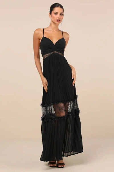 Lulus Deeply Stunning Black Lace Pleated Lace-up Backless Maxi Dress