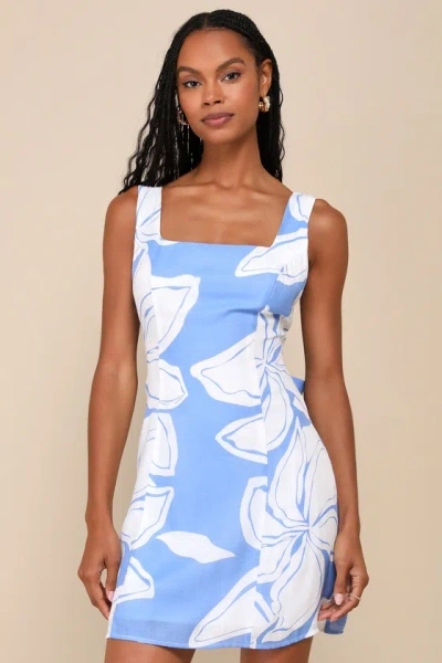Lulus Deeply Sweet Blue And White Floral Tie-back Shift Mini Dress
