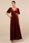 Lulus Defining Elegance Rust Red Velour Short Sleeve Wrap Maxi Dress In Rust Red