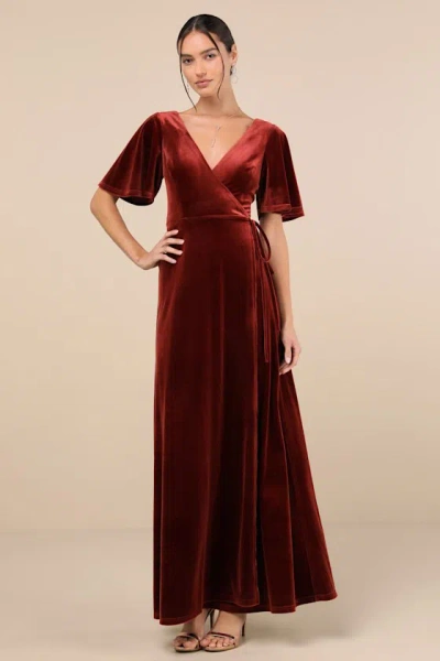 Lulus Defining Elegance Rust Red Velour Short Sleeve Wrap Maxi Dress