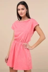Lulus Definite Beauty Washed Coral Pink Short Sleeve Mini Dress In Coral Pink