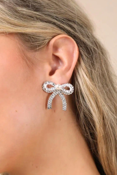 Lulus Definite Brilliance Silver Pearl Rhinestone Bow Earrings
