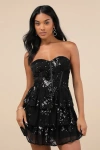 Lulus Definite Glamour Black Mesh Sequin Bustier Tiered Mini Dress In Black