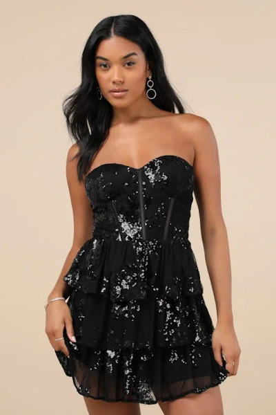 Lulus Definite Glamour Black Mesh Sequin Bustier Tiered Mini Dress