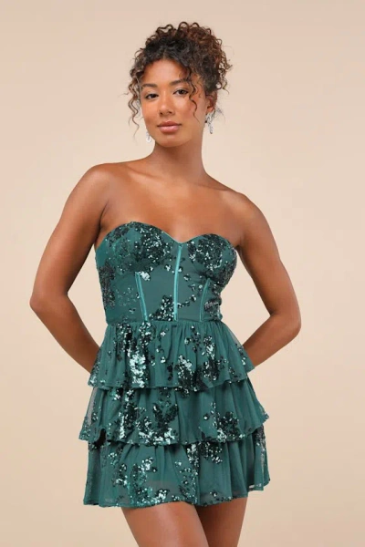 Lulus Definite Glamour Emerald Mesh Sequin Bustier Tiered Mini Dress In Green