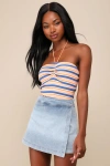 Lulus Definite Perfection Light Wash Denim Faux Wrap Skort In Blue