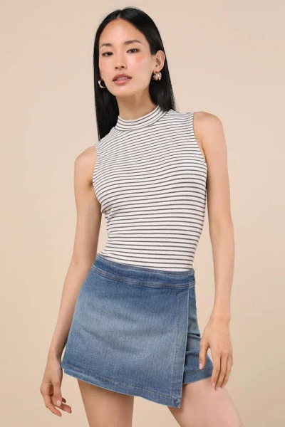 Lulus Definite Perfection Medium Wash Denim Faux Wrap Skort In Blue