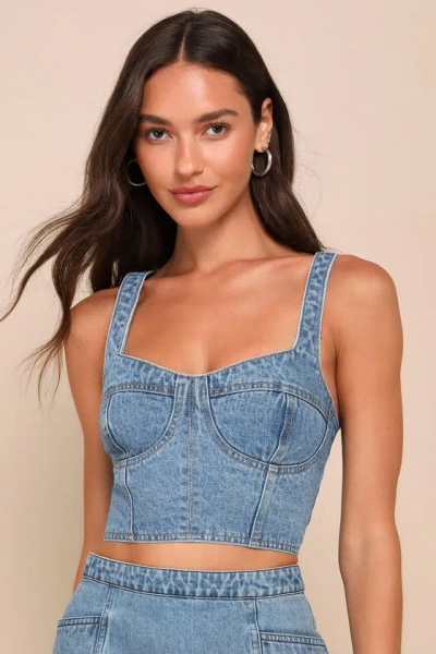 Lulus Definite Sweetie Medium Wash Denim Bustier Lace-up Crop Top In Blue