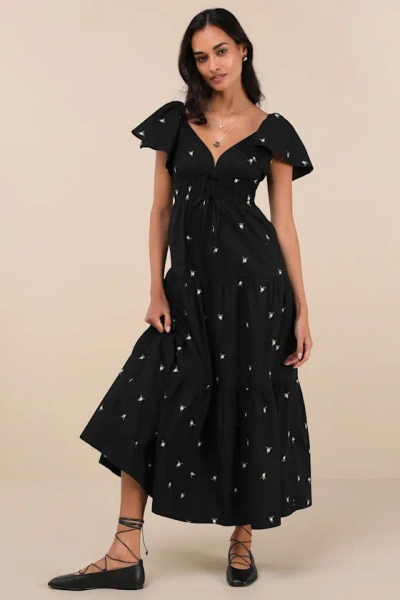 Lulus Definite Sweetness Black Embroidered Tiered Midi Dress