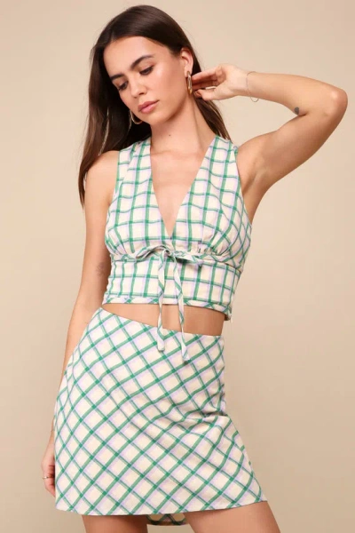 Lulus Definitely Adorable Cream Plaid High-waisted Mini Skirt In White