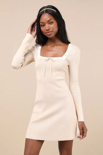Lulus Definitely Sweet Beige Scalloped Long Sleeve Mini Sweater Dress