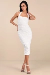 Lulus Delanie White Mesh Floral Burnout Halter Midi Dress In White
