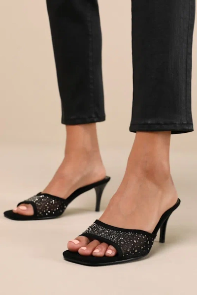 Lulus Delannie Black Suede Mesh Rhinestone High Heel Slide Sandals