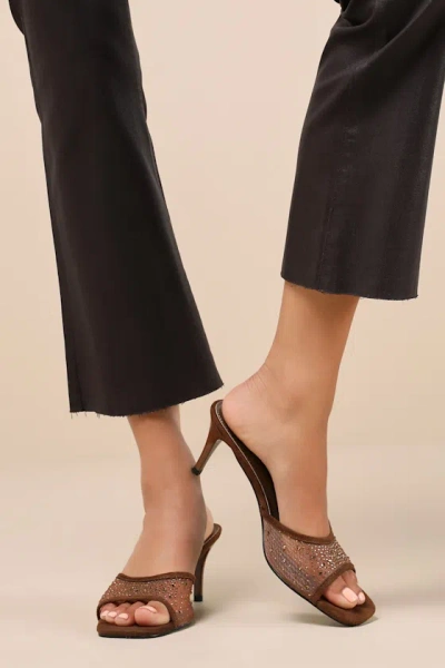 Lulus Delannie Brown Suede Mesh Rhinestone High Heel Slide Sandals