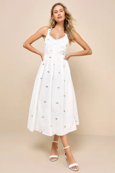 Lulus Delicate Excellence White Floral Embroidered Tie-back Midi Dress